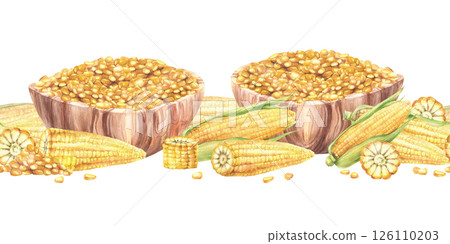 Cobs and kernels of corn, golden maize in wooden bowl seamless border. Dishes with Yellow pieces of corncobs, whole and cut cobs. Watercolor painted food pattern illustration Isolated from background 126110203