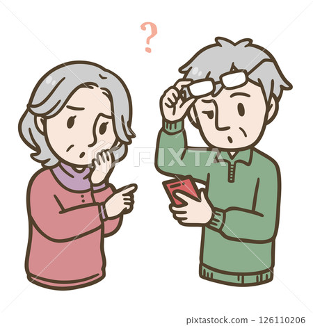 Illustration of elderly men and women confused by smartphones Illustration of elderly men and women confused by smartphones 126110206