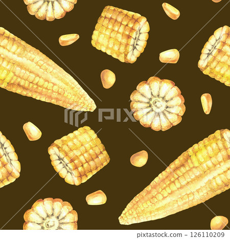 Corn seamless pattern Yellow kernels, cut corncobs or sweet golden maize plant cobs pieces and seeds. Watercolor painted illustration for canned food label, fabric on Isolated dark coloured background 126110209