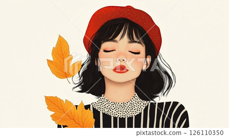 illustration of a young woman with dark hair and a red beret on her head. She is wearing a black and white striped shirt with a polka dot collar	 126110350