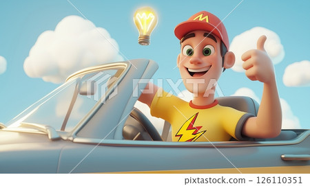 man driving a car. The man is wearing a red cap and a yellow shirt with a lightning bolt design on it.	 126110351