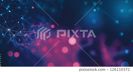 abstract digital background with a dark blue and pink color scheme. The background is made up of multiple lines and dots that form a network-like pattern	 126110372
