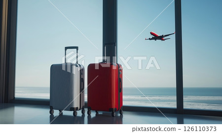 two suitcases on wheels in front of a large window with a view of an airplane flying in the sky. The suitcase on the left is silver and the one on the right is red.	 126110373