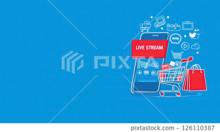 digital illustration On the right side of the image, there is smartphone with a blank screen and a shopping cart next to it. The background is a solid blue color.	 126110387