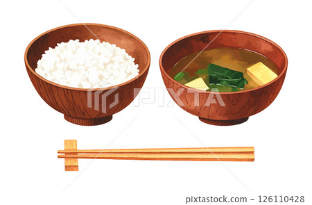 白飯、味噌湯和筷子的水彩插圖集AI生成 126110428