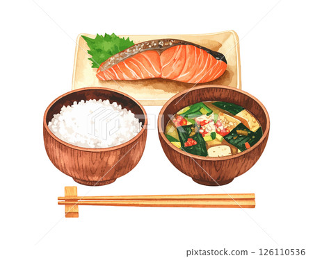 人工智慧生成的白米飯、味噌湯和烤鮭魚套餐插圖 126110536