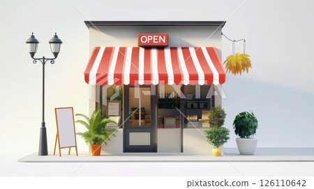 3D rendering of a small storefront with a red and white striped awning. The storefront has a beige roof and a large window with a sign that reads OPEN 3D rendering of a small storefront with a red and white striped awning. The storefront has a beige roof and a large window with a sign that reads OPEN 126110642