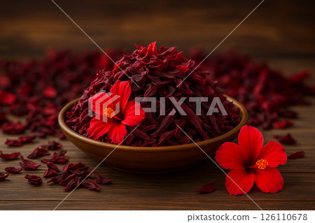 Dry hibiscus tea with flowers on plate 126110678