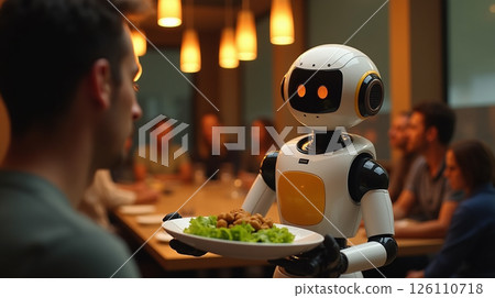 Robot serving food to a group of people in a modern dining setting during an evening gathering 126110718