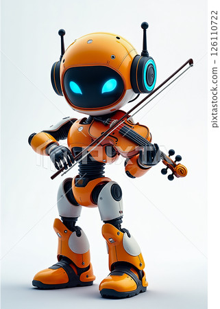 Cute robot with glowing blue eyes playing violin in a futuristic setting highlighting technology and creativity 126110722