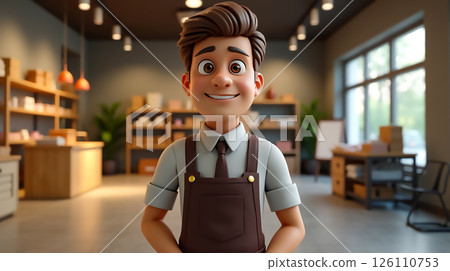 Young man with cheerful expression standing in a modern office with large windows and a well-organized workspace during daytime 126110753