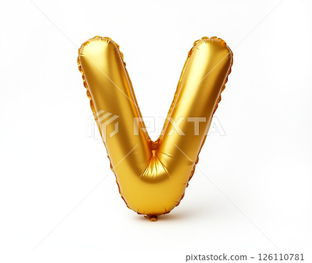 Golden foil letter V balloon stands upright against a plain background, adding a festive touch to celebrations and events 126110781