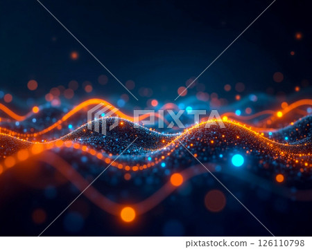 Colorful abstract representation of waves with glowing particles in a dark background Colorful abstract representation of waves with glowing particles in a dark background 126110798