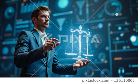 Professional man showcasing digital scales of justice in a modern workspace with advanced technology 126110805