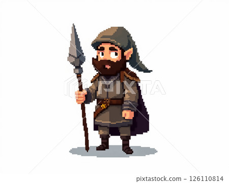 Fantasy warrior character with a spear in a stylized design, showcasing bravery and strength during a heroic adventure 126110814