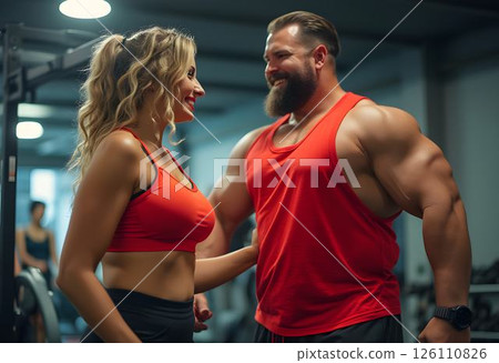 Fitness enthusiasts share a joyful moment during a workout session in a modern gym 126110826