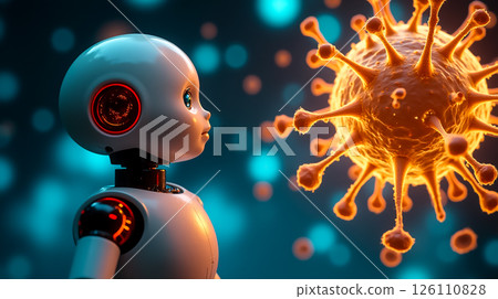 Robot interacts with virus model in a futuristic environment during a scientific demonstration 126110828