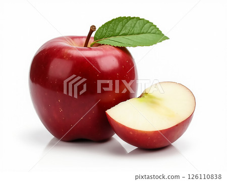 Fresh red apple with a slice showing juicy white flesh and green leaf on a white background 126110838