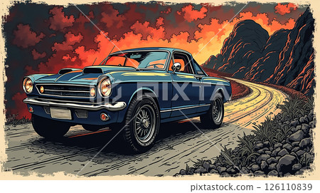 Classic blue muscle car driving along a winding road during a vibrant sunset 126110839
