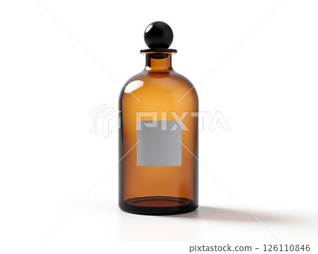 Glass bottle with a round stopper against a plain white background showcasing its elegant design and amber color Glass bottle with a round stopper against a plain white background showcasing its elegant design and amber color 126110846
