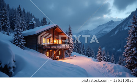 Winter evening at a cozy cabin surrounded by snowy mountains and pine trees Winter evening at a cozy cabin surrounded by snowy mountains and pine trees 126110855