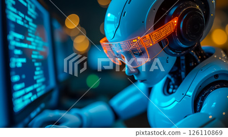 Robotic figure engages in programming tasks in a modern tech environment during nighttime Robotic figure engages in programming tasks in a modern tech environment during nighttime 126110869