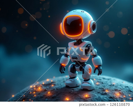 Cute futuristic robot standing on a rocky surface with glowing elements in a dark, atmospheric setting Cute futuristic robot standing on a rocky surface with glowing elements in a dark, atmospheric setting 126110870