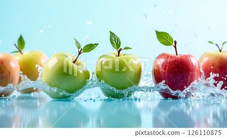 Fresh apples splash in water with mint leaves in a vibrant setting Fresh apples splash in water with mint leaves in a vibrant setting 126110875