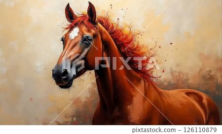 Majestic orange horse with flowing mane exuding elegance and strength against a textured background 126110879