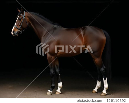 Majestic brown horse standing gracefully in a dark stable, showcasing strong muscles and elegant posture Majestic brown horse standing gracefully in a dark stable, showcasing strong muscles and elegant posture 126110892