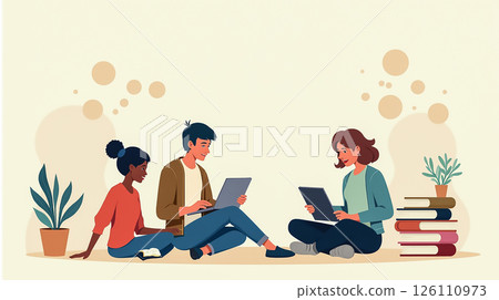 Group of friends studying together with tablets and books in a cozy indoor setting during a relaxed afternoon Group of friends studying together with tablets and books in a cozy indoor setting during a relaxed afternoon 126110973