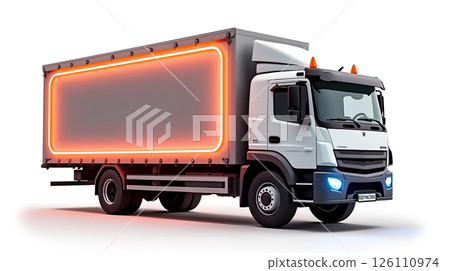 Modern delivery truck with illuminated signage, showcasing design and utility for urban logistics 126110974
