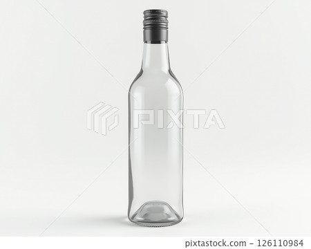 Clear glass bottle with a silver screw cap sitting on a plain white background Clear glass bottle with a silver screw cap sitting on a plain white background 126110984