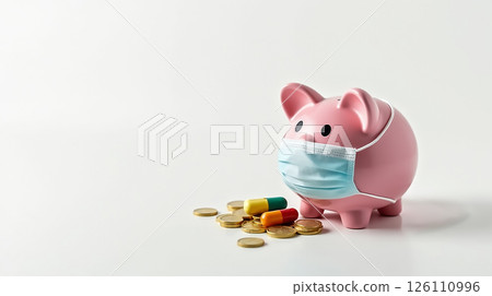 Piggy bank wearing a medical mask surrounded by coins and capsules during health precautions 126110996