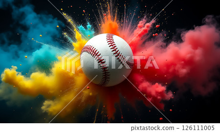 Colorful baseball explosion with vibrant powder during a dynamic sports demonstration Colorful baseball explosion with vibrant powder during a dynamic sports demonstration 126111005