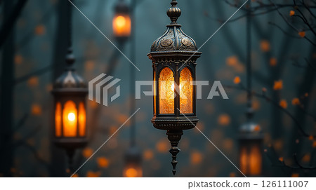 Enchanted lanterns illuminate a mystical forest at twilight, creating a dreamlike atmosphere 126111007