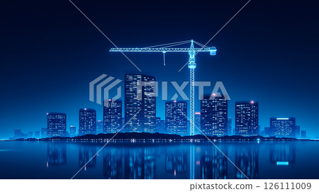 Night skyline with skyscrapers and a construction crane illuminated by blue lights over calm waters 126111009