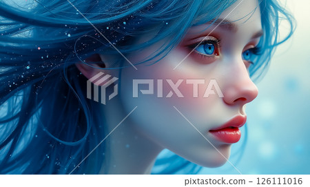 Beautiful young woman with blue hair and striking blue eyes portraits under soft lighting 126111016