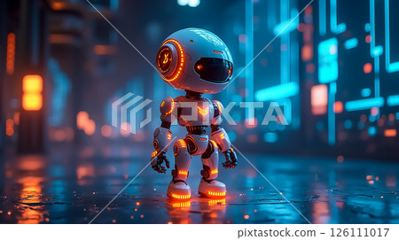 Futuristic robot standing in a neon-lit urban environment with bright lights and reflective surfaces Futuristic robot standing in a neon-lit urban environment with bright lights and reflective surfaces 126111017