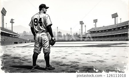 Baseball pitcher stands on the field during a game in a historic stadium at sunset 126111018