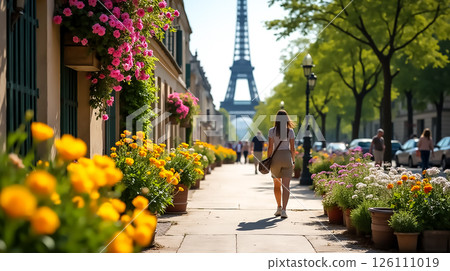 Walking along flower-lined paths with the Eiffel Tower in view during a sunny day in Paris 126111019