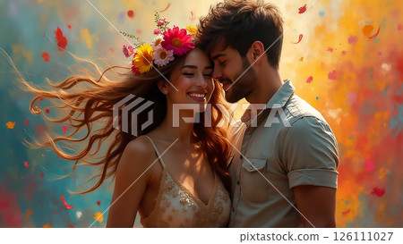 Couple enjoying a joyful moment in a colorful outdoor setting during a festive celebration in autumn Couple enjoying a joyful moment in a colorful outdoor setting during a festive celebration in autumn 126111027