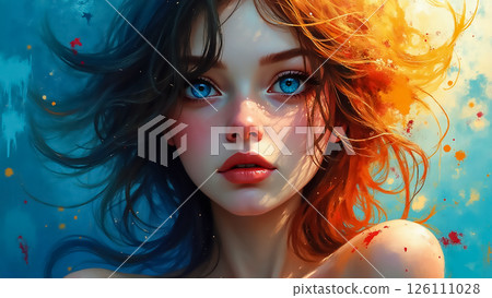 Beautiful portrait of a young girl with flowing hair and striking blue eyes against a colorful backdrop Beautiful portrait of a young girl with flowing hair and striking blue eyes against a colorful backdrop 126111028