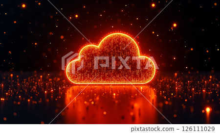 Digital cloud symbol illuminated with vibrant orange light against a dark background 126111029