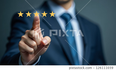 Business professional giving five-star rating for excellent service or product experience in a corporate setting 126111039