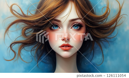 Portrait of a young woman with flowing hair and striking blue eyes against a soft blue background, highlighting natural beauty and expression 126111054