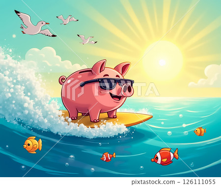 Pig surfing on a colorful wave with sunglasses under a sunny sky in a vibrant ocean setting 126111055
