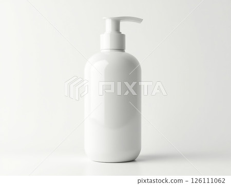 Sleek white bottle for lotion or liquid soap displayed on a clean surface in soft natural light Sleek white bottle for lotion or liquid soap displayed on a clean surface in soft natural light 126111062