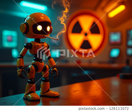 Vintage robotic character standing in a dimly lit control room with a retro-futuristic vibe and smoke swirling in the air 126111072