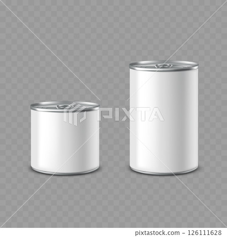 Realistic Blank White Metal Food Can Mockups, Different Sizes. Vector 126111628